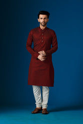 Ensemble pyjama Kurta imprimé en coton rouge rustique pour homme